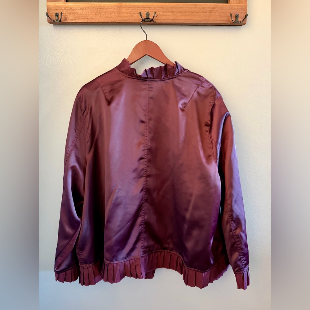 Lane Bryant 22W Plum Satin Bomber Jacket Snap Pocket Ruffle Trim Plus Chic - Picture 3 of 14